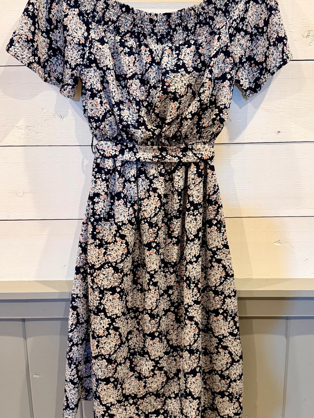Lumiere Small Navy Floral Midi Dress Smocked Neck Tie Waist Cottagecore